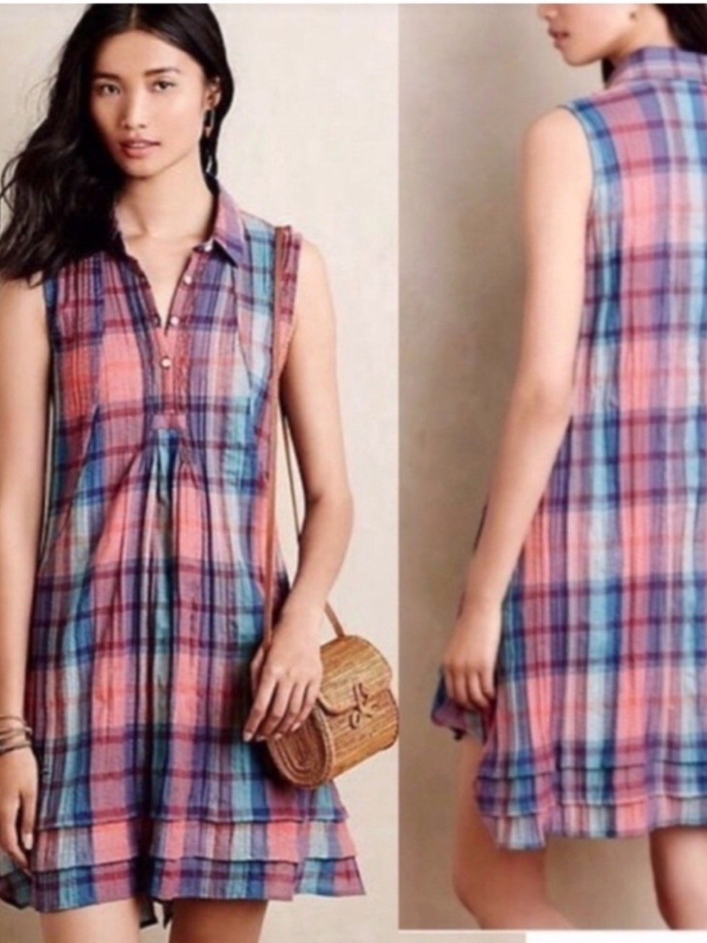 Anthropologie Isabella Sinclair Plaid Sleeveless Shift Dress pockets small